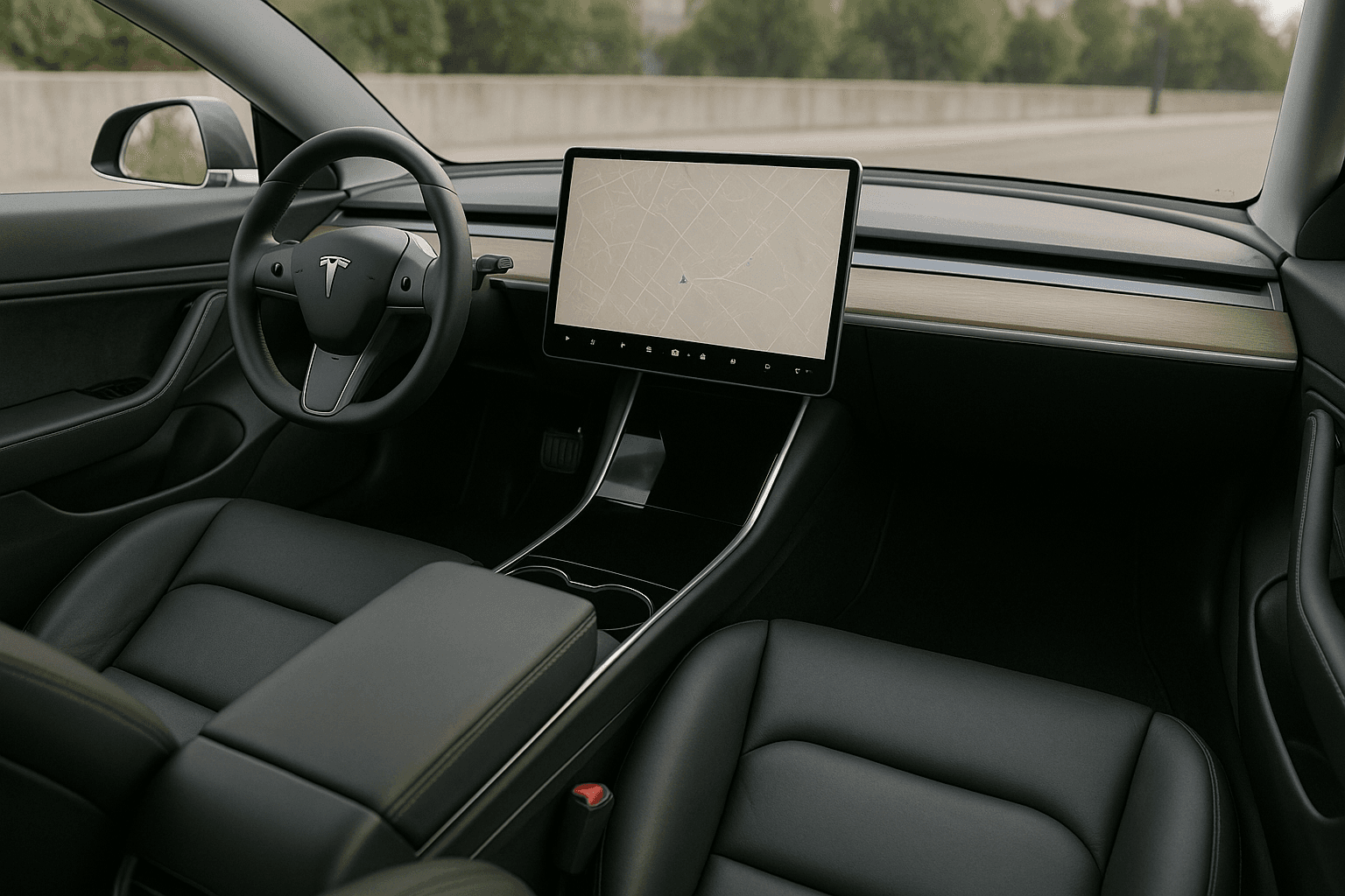2021 Tesla Model 3 Long Range — interior dashboard and front seats
